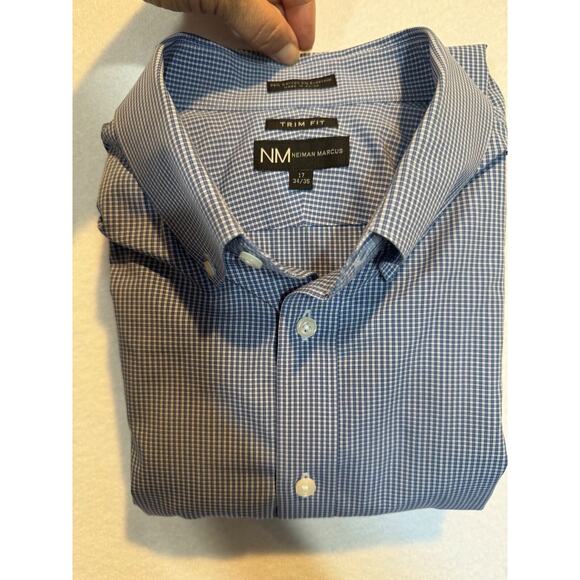 Neiman Marcus Mens Large Blue Plaid Trim Fit Cotton Button Up Shirt 17 34/35 - Picture 10 of 10